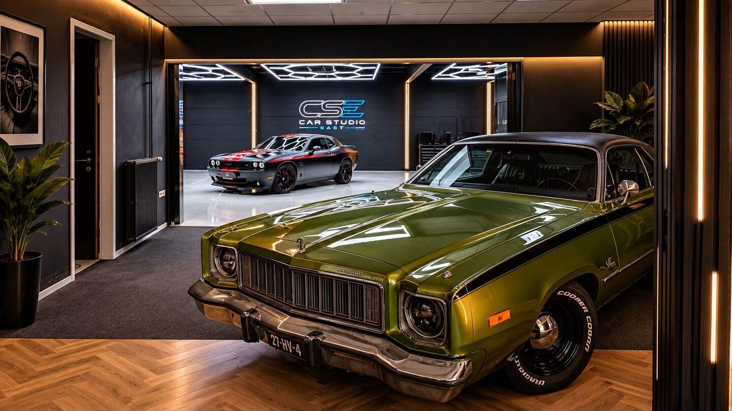 Groene klassieke Dodge en Dodge Challenger in de studio van Car Studio East